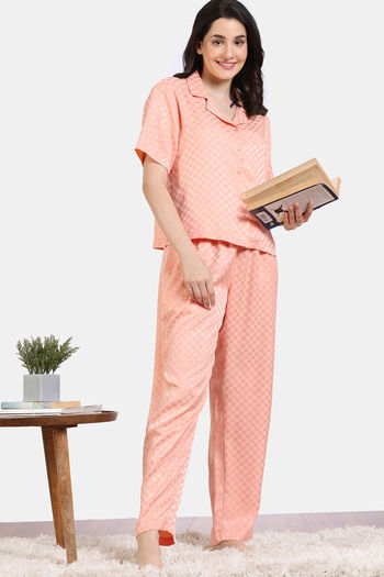 Buy Zivame Checkered Sheen Woven Pyjama Set - Pink Sand